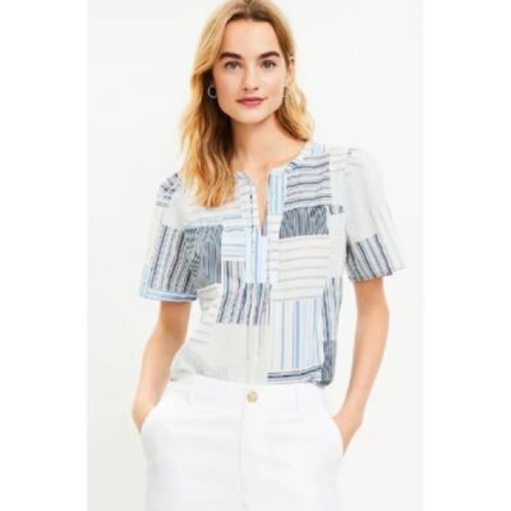 NWOT LOFT Laguna Blue Patchwork Stripe Blouse XSP Petite Cotton Tie Neck Top